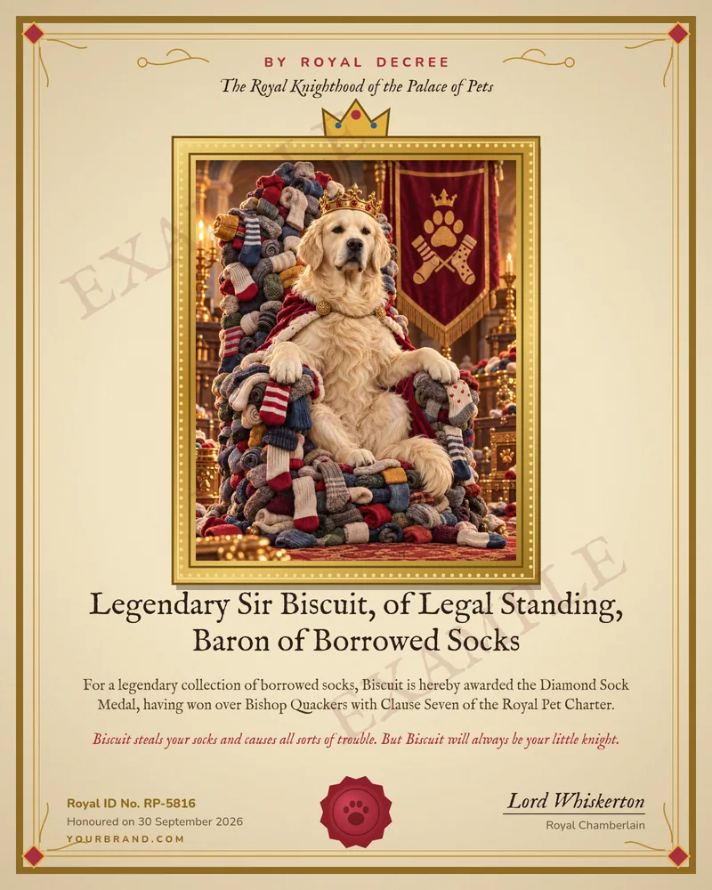 EXAMPLE: a royal pet portrait and certificate style sample, not a customer order or free ceremony output